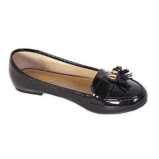 Women Patent Leather Flat Shoe With Horse Wip Detail - Black