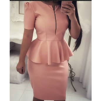 Solid Front Zipper Peplum Midi Dress