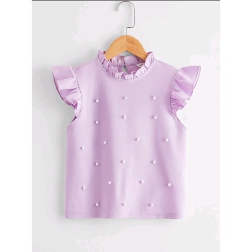 Girls Frill Neck Ruffle Armhole Pearls Beaded Top- Lilac-