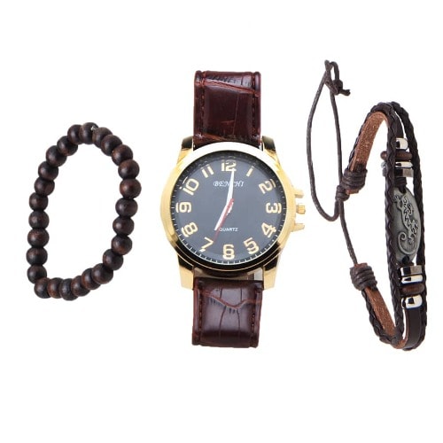 Leather Wrist-Watch For Men Plus Bracelets - Brown