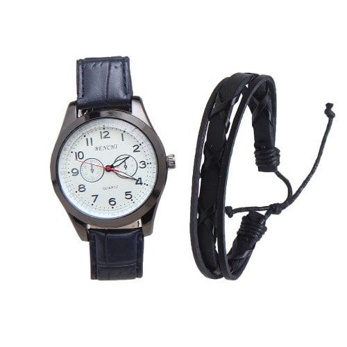 Men Leather Wrist Watch + Bracelet