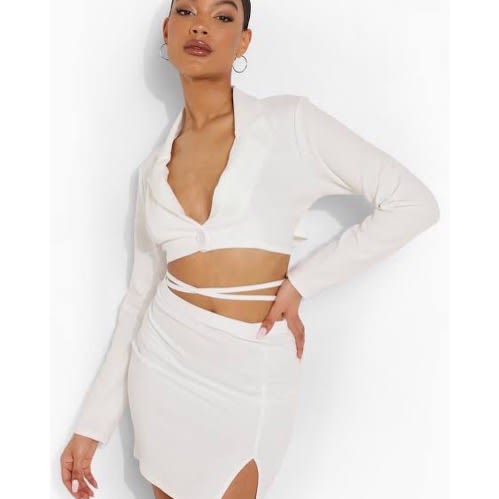 Tie Waist Crop Blazer And Skirt
