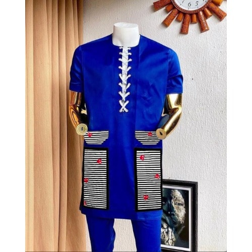 Blue Native African Wear With Colorful/lace Up Detail
