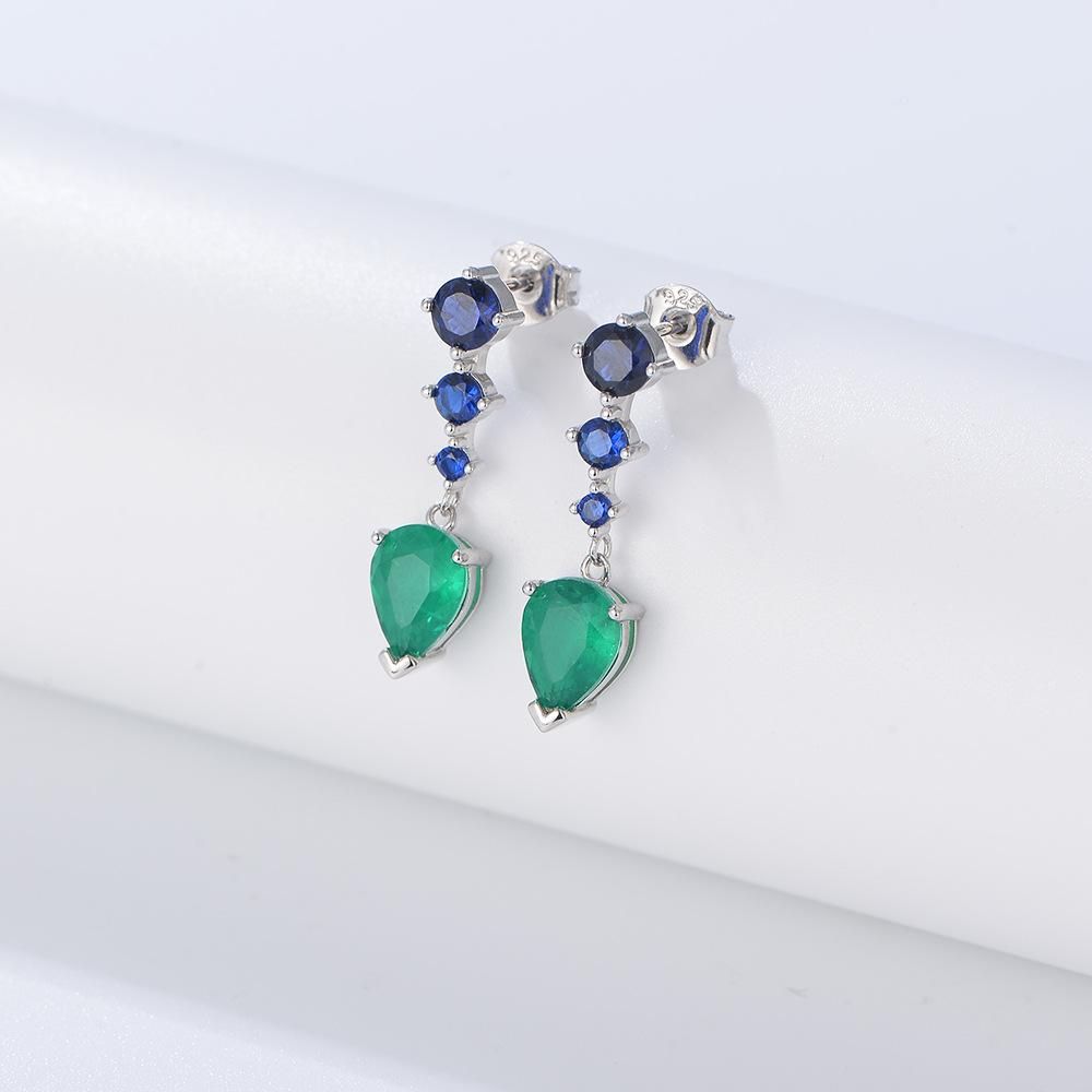 S925 Silver Spinel Blue Grandmother Green Water Droplet Zircon Long Style Earrings with Temperament Women's Retro Earrings and Earrings