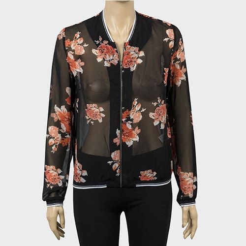 Ladies Light Black Chiffon Full Zip Bomber Jacket With Floral Pattern