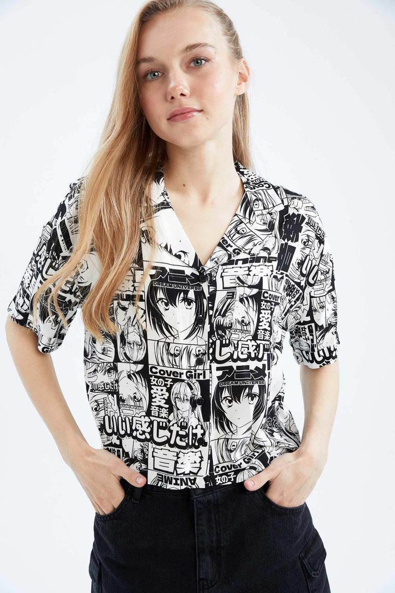 Woman Regular Fit Pyjamas Neck Woven Short Sleeve Shirt - White