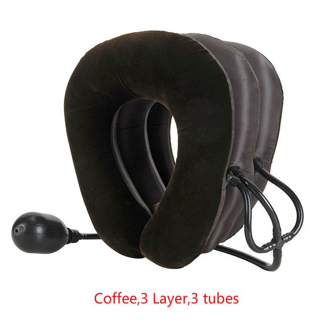 Cervical Neck Traction Medical Correction Device Cervical Support Posture Corrector Neck Stretcher Relaxation Inflatable Collar(#Coffee 3 Tubes)