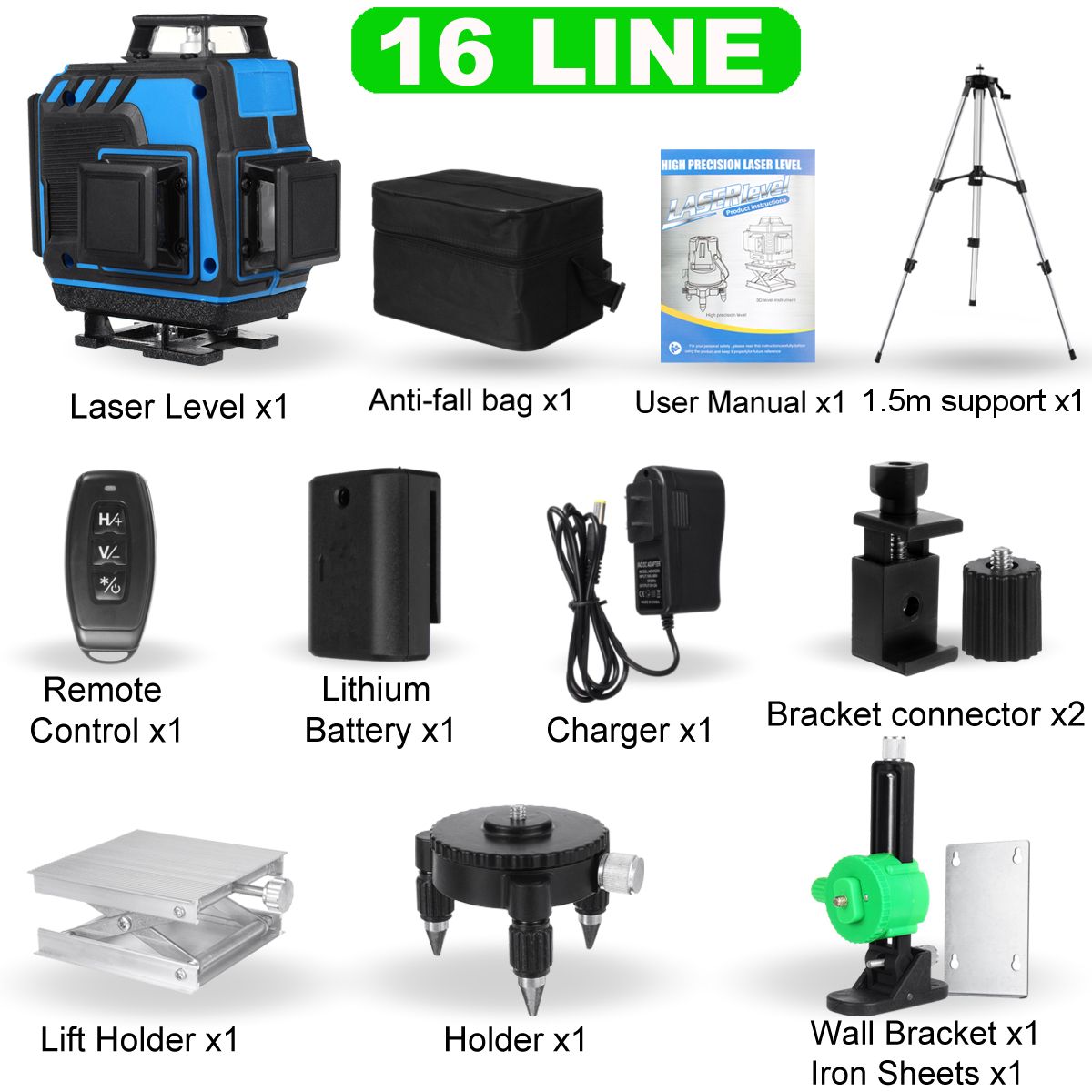 4D 16 Lines Green Laser Levels 360 Horizontal &Vertical Cross Lines With Auto Self-Leveling Super Powerful Laser Beam-Set C Wth 1.5M Tripo