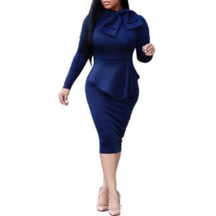 Blue Long Sleeve Corporate Midi Dress