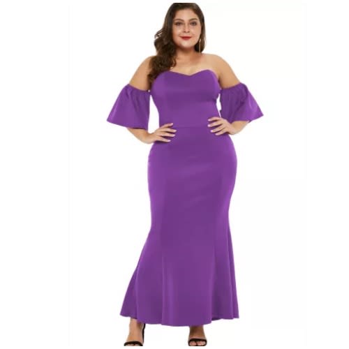 Sexy Strapless Drop Shoulder Maxi Dress - Purple
