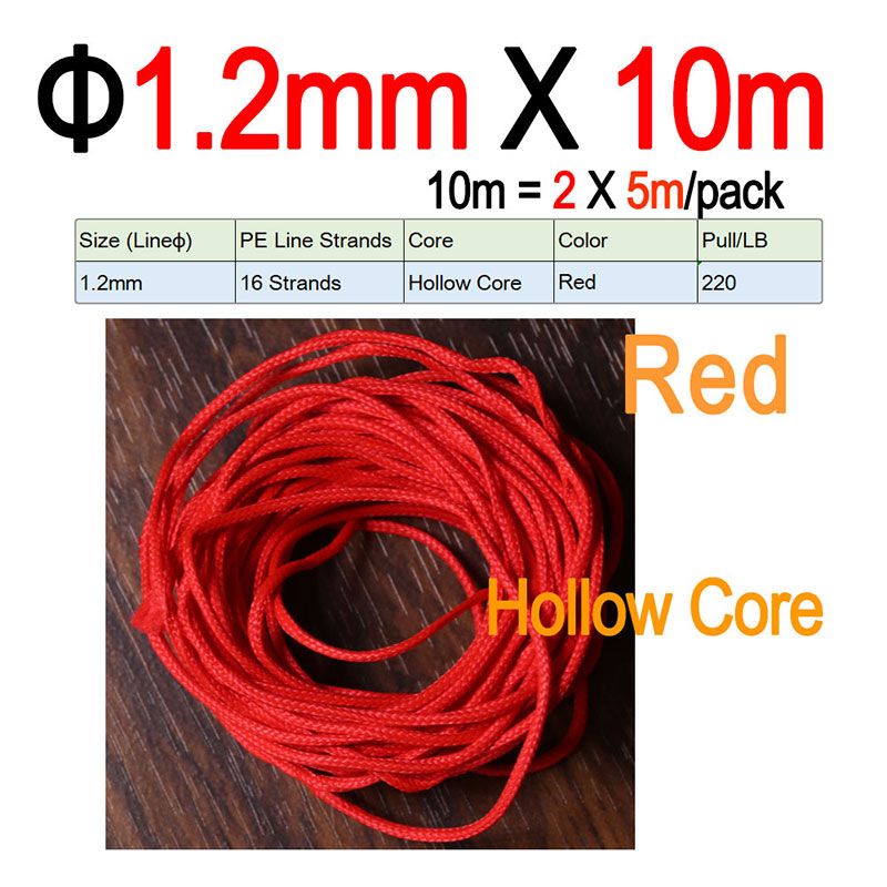 Bimoo 10m/pack 16 Strands PE Braided Fishing Line Super Strong Hollow Core Rope For Jigist Hook Riing Diving Spear Fishing 1.2mm X10m Red