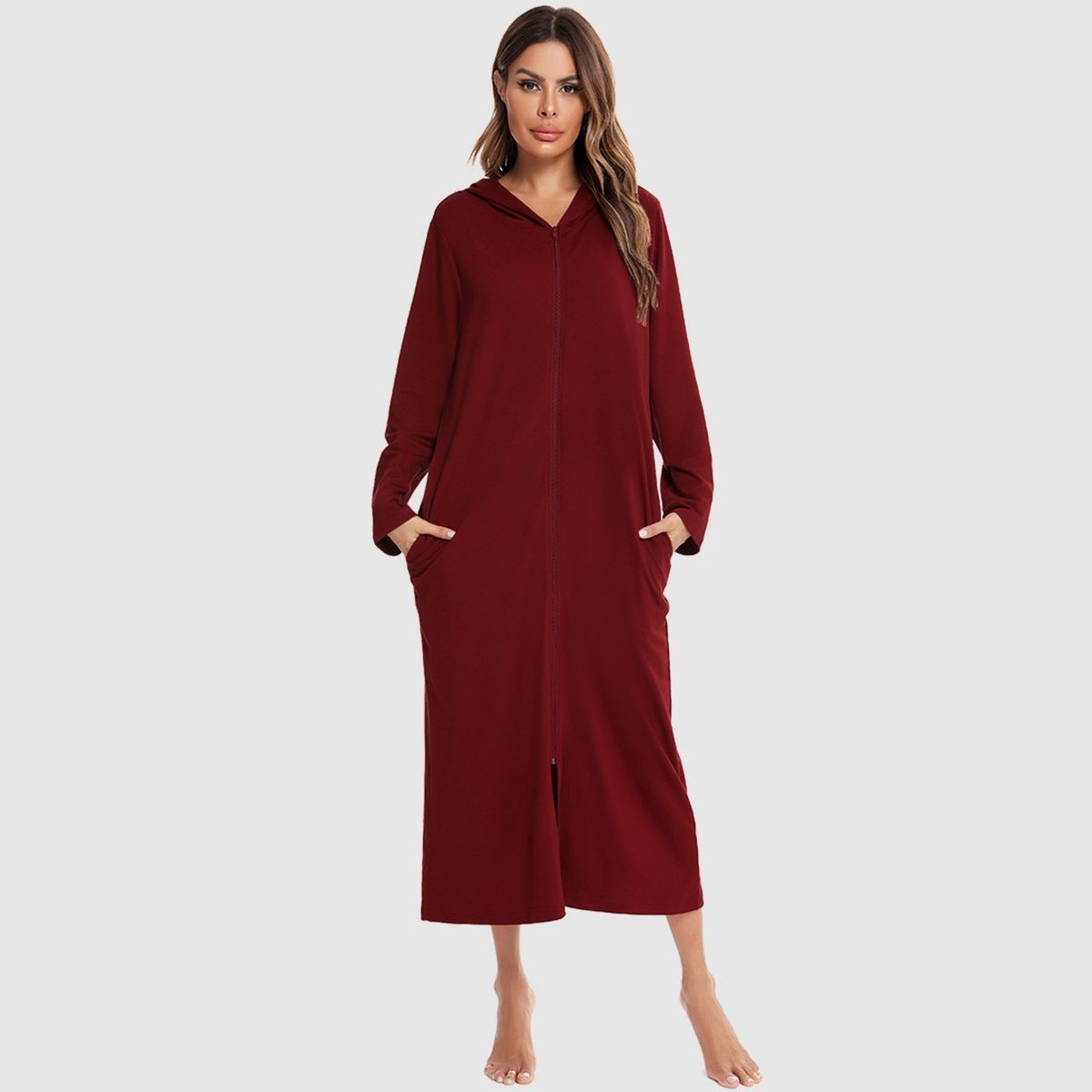 Women Winter Nightgown Hooded Pocket Zip Up Long Sleeve
