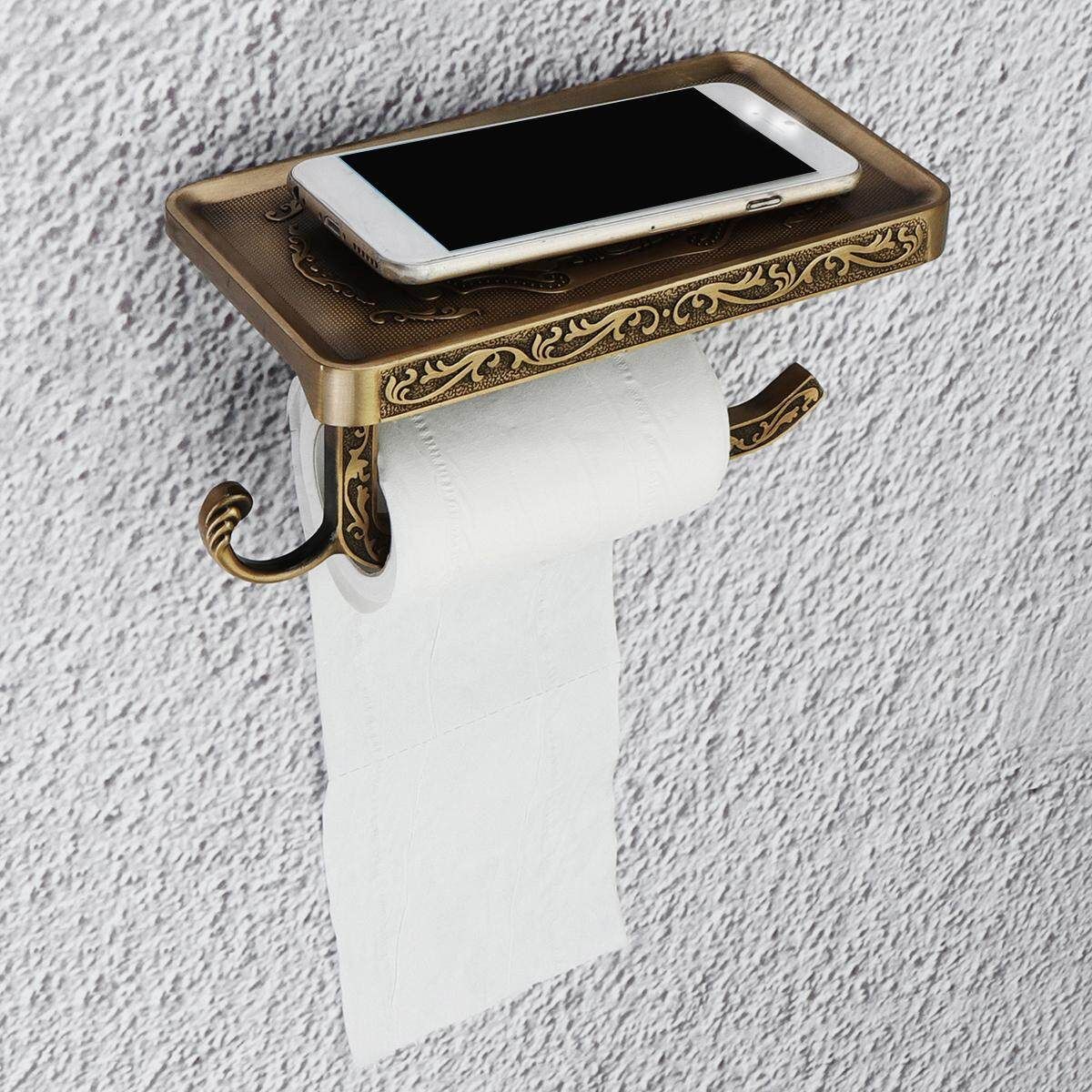 Retro Bathroom Wall Mount Toilet Paper Tissue Hook Holder Hanger & Phone Shelf To Fake Something Antique