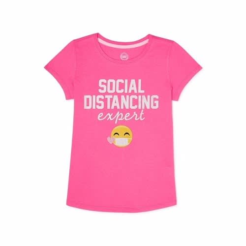 Wonder Nation Girls Distancing Emoji Trip Graphic Short Sleeve Slime T-shirt – Pink