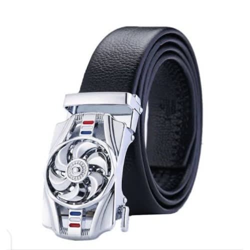 Men's Leather Belt With Rotating Automatic Buckle Design - Silver