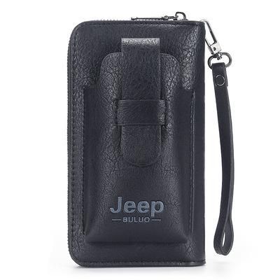 cartera de mano de cuero para hombre monedero de marca para telefono con doble cremallera cartera bolso de mano de cuero de lujo gran capacidad-Black