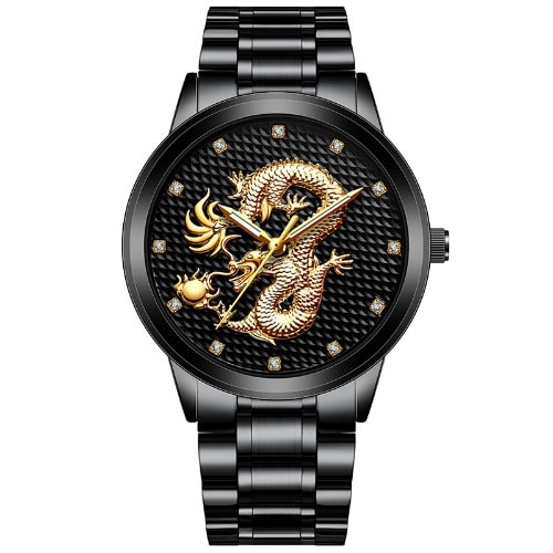 Men's 3d Dragon Embossed Stainless Steel Watch - Black