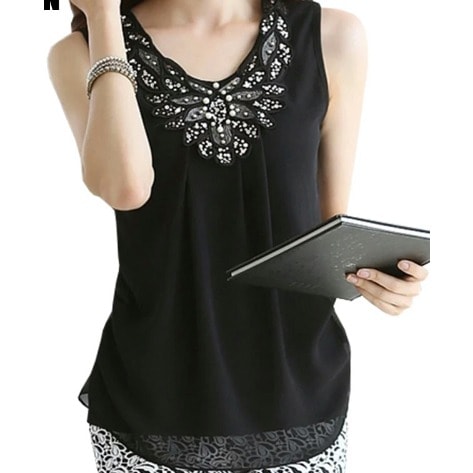 Sequined Pearl Sleveless Chiffon Top-Black