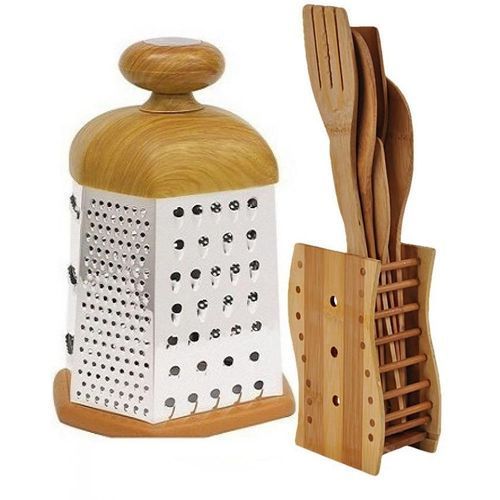 5 Set Of Kitchen Wooden Spoons & Grater With Wooden Handle