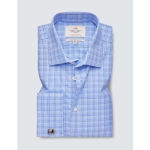 Easy Iron Blue & White Check Slim Fit Shirt - Double Cuffs