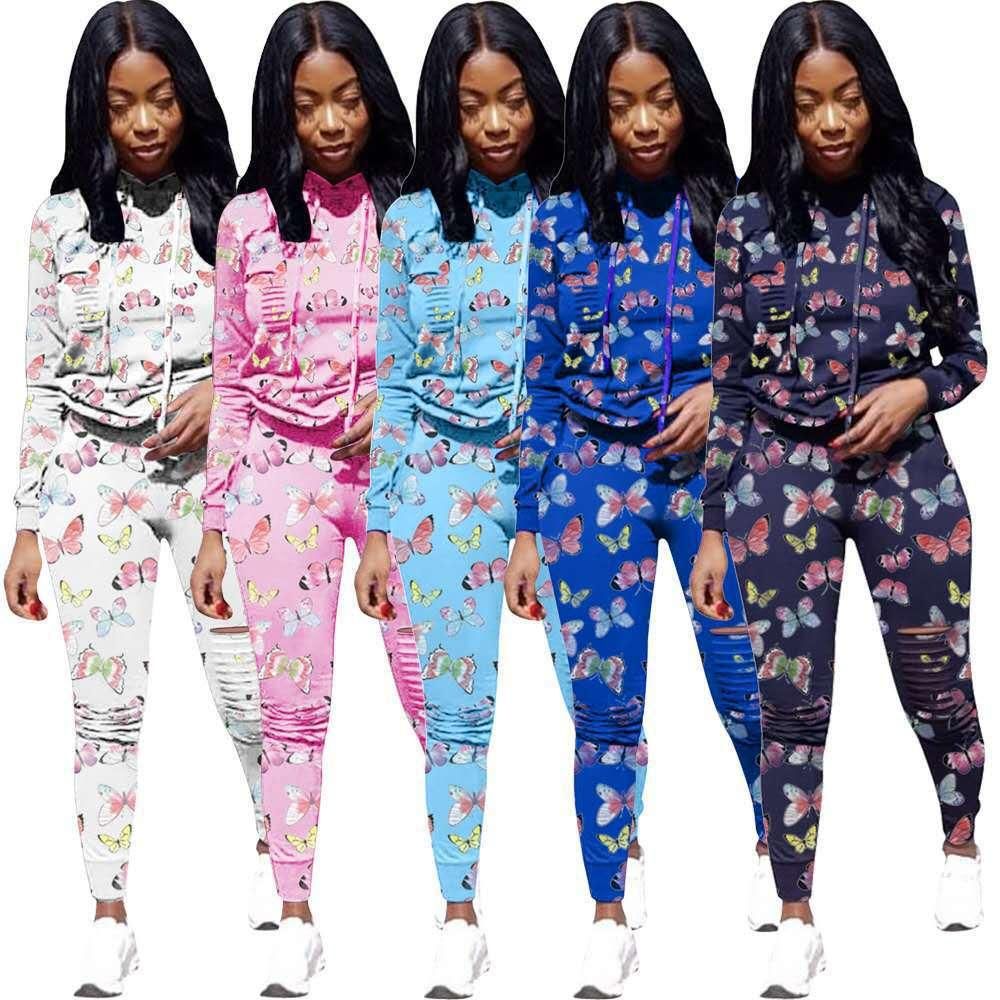 Jy2052 Supply Hot Butterfly Printing Hole Burning Flower Hooded Sweater Set Two-Piece Set
