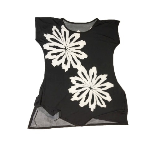 Black Ladies Double Flower Print Ice Silk Top Blouse