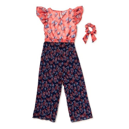 Girls Ruffle Sleeve Floral Pleated Jumpsuit & Matching Scrunchie