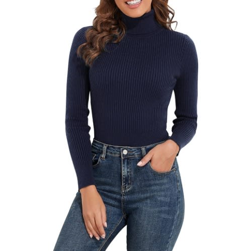 Ladies Long Sleeve Turtleneck T-shirt - Navy Blue