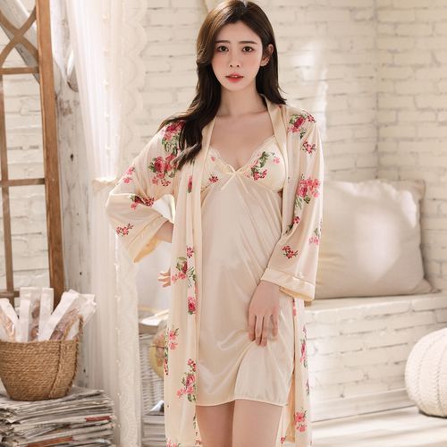 Beige Sleeping Wear Sets Women Robe Ice Silk Nightdress Pajama Set Plus Size