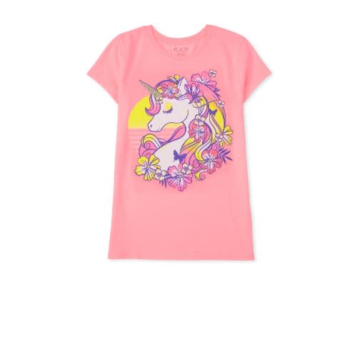 Girls Unicorn Floral Glitters Graphic Top- Pink