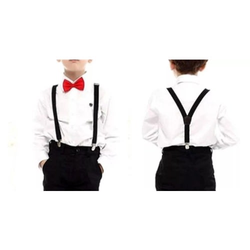 Kids Unisex Dress Shirt With Matching Bowtie And Suspender - White/red/black