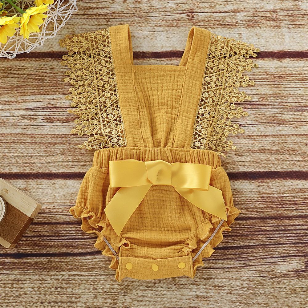 Baby Girls Yellow Lace Bodysuit Sleeveless Cotton Romper