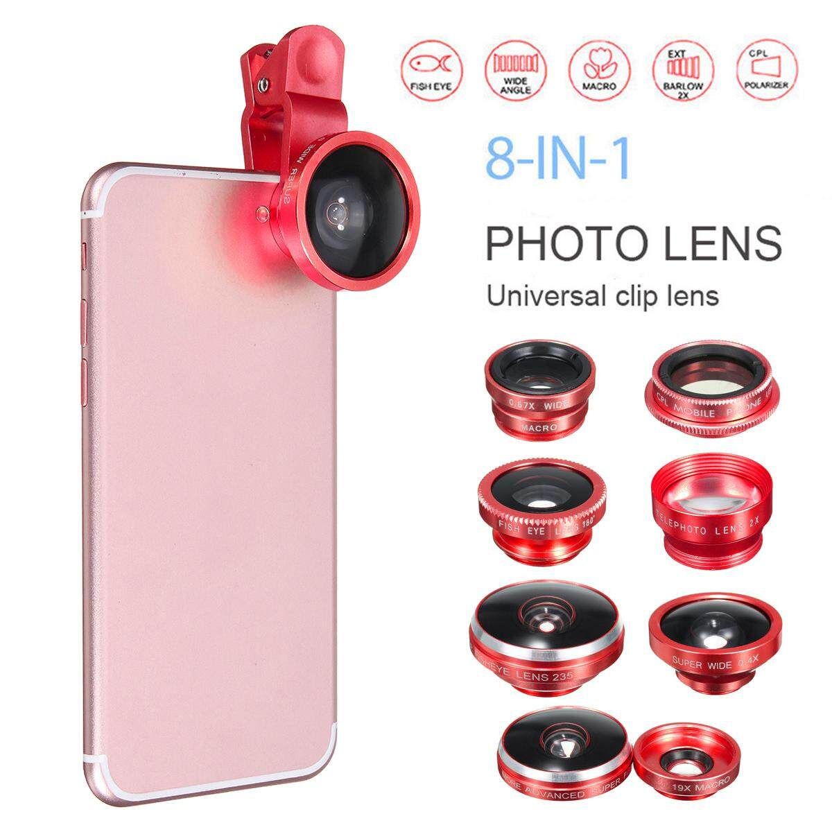 8-in-1 Super Fisheye With Wide Angle Microphone Lens Kit For Universal Cell Phones Red