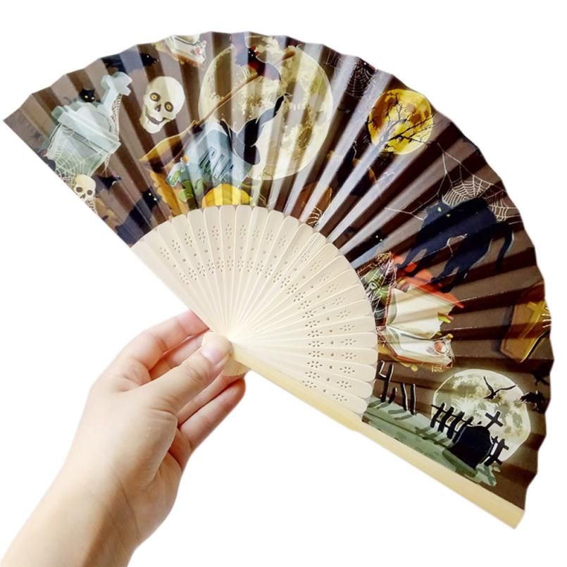 Folding Pumpkin Bamboo Halloween 3sw0604 2018 Witch Skull Style Hand Fan Carved Spider Wooden