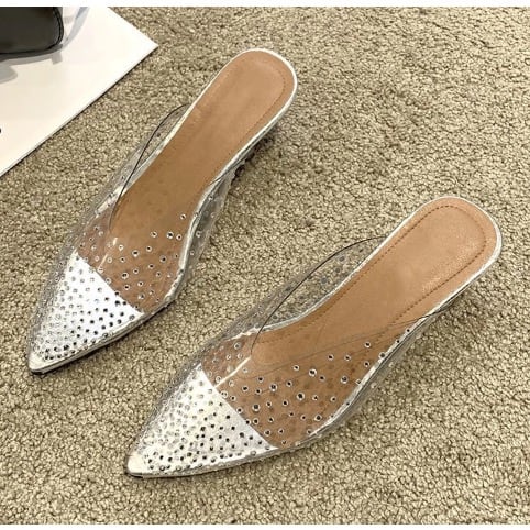Stone Studded Pvc Low Heel Mules - Silver