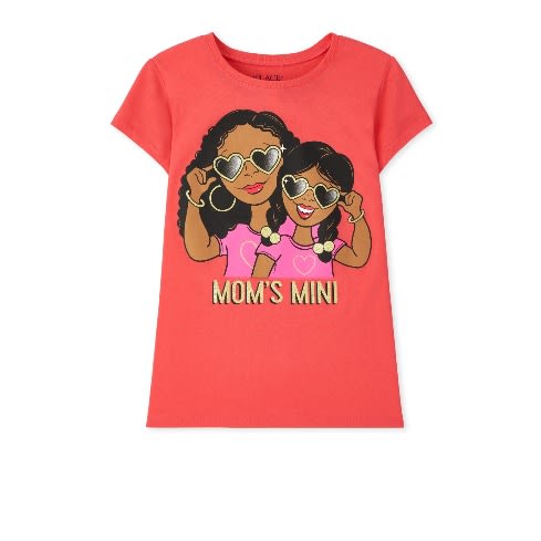 Girls Moms Mini Twinning Glitters Graphic Top- Coral