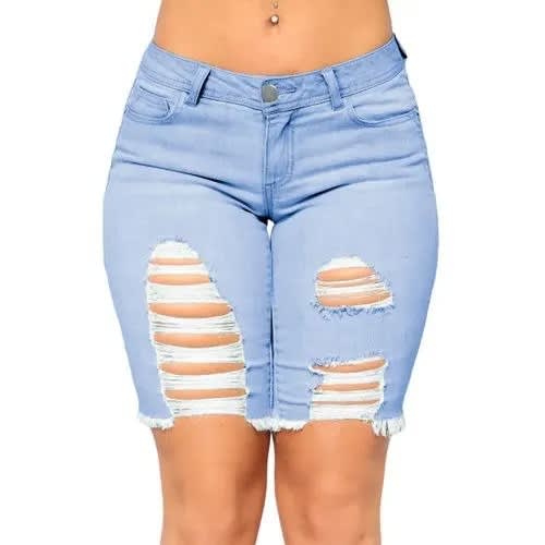 Torn Distressed Edging Denim Short- Light Blue