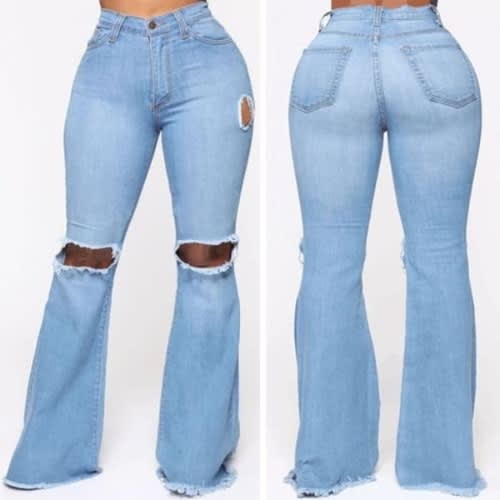 Ladies Loose Flared High Waist Ripped Jeans