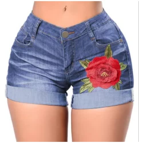 Rose Embroiderd Turnup Cuff Blue Denim Shorts - Sky Blue