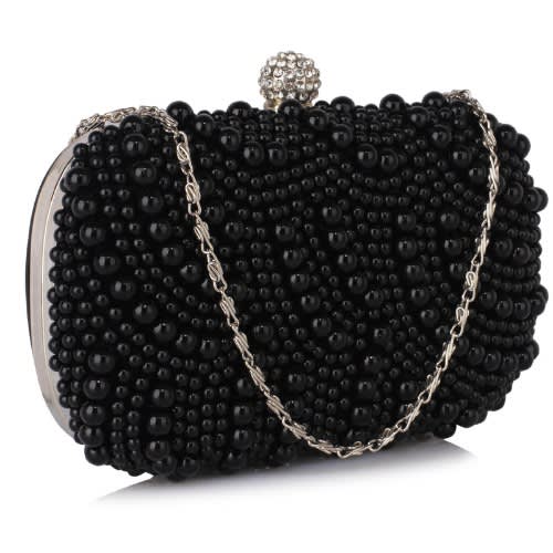 Beaded Pearl Rhinestone Clutch Bag - Black