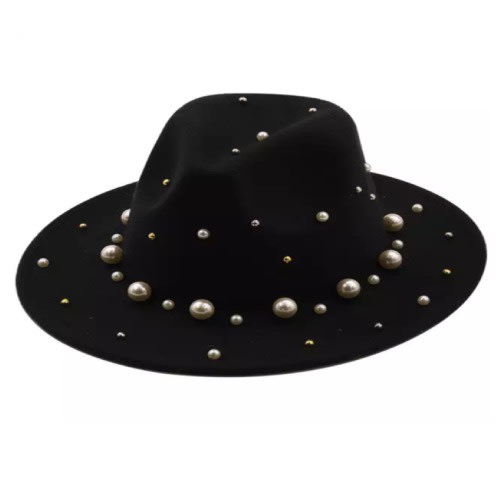Wide Brim Fedora Hat Decorated With Pearls - Black
