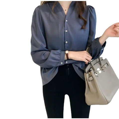 V Neck Long Sleeve Blouse- Blue