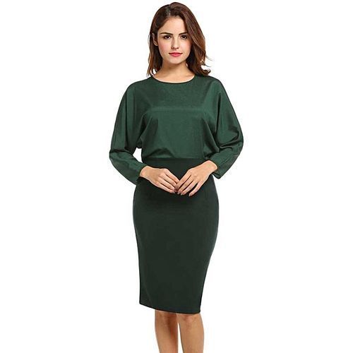 Women Casual O-Neck Long Batwing Sleeve Package Hip Back Hollow Out Dresses ( Deep Green )