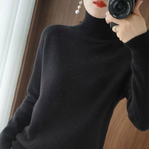 Women Turtleneck Autumn Winter Sloid Knitted Casual Pullover Sweaters-Black
