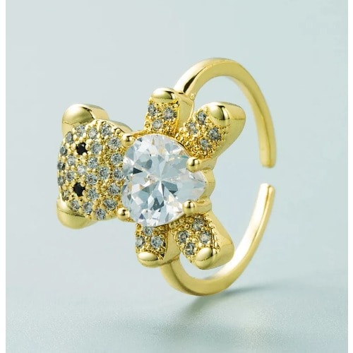 Cubic Zirconia Teddy Bear Adjustable Ring -Gold