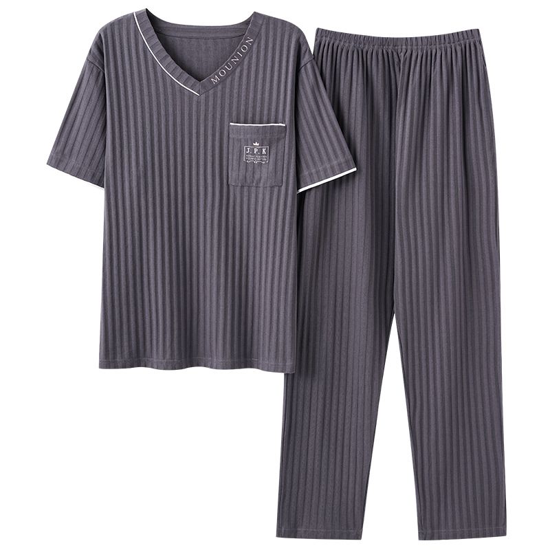 Summer Knitted Cotton Mens Pyjamas Casual Short Tops Lattice Long Pants Sets V-neck Pajamas Fashion Men Sleepwear Homewear M21 Size 5XL Asian(100-115Kg)
