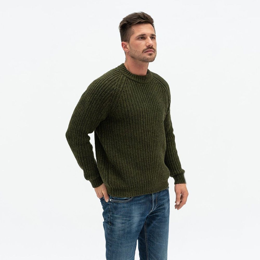 European Style Pure Hand Woven Thickened High Neck Winter-Army Green Crew Neck