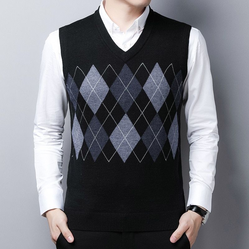 28 Styles！ Winter  Style Wool Knitted Vest Men's V-neck Solid Color-A-77-black