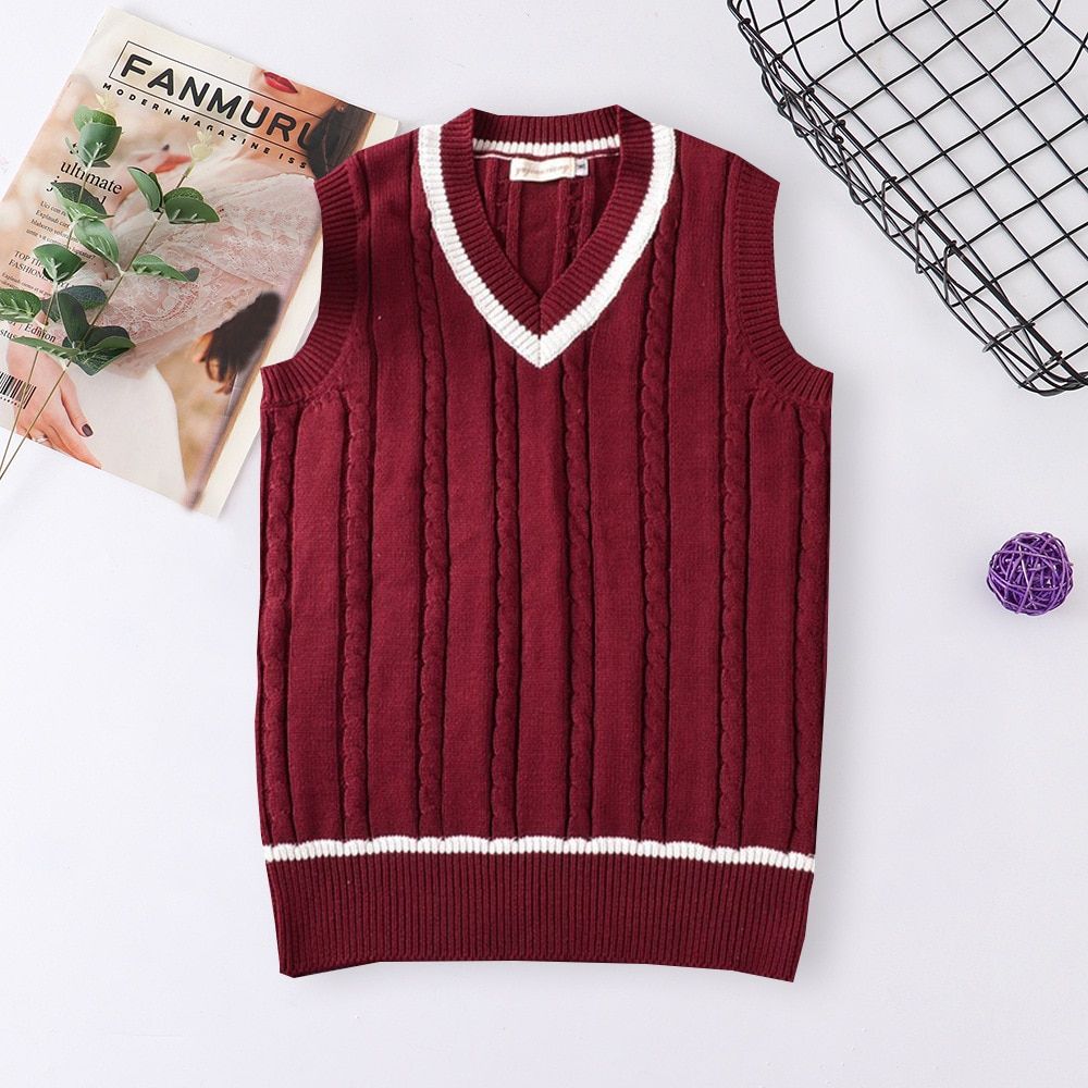 100% Cotton  College English Style JK Uniform V-neck Men Women Fried-Dark Red