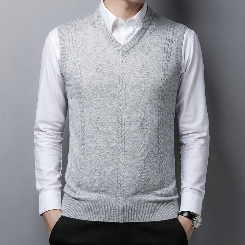 Men Wool Sweater Vest  Autumn Man V-neck Sweaters Waistcoat-Light Grey